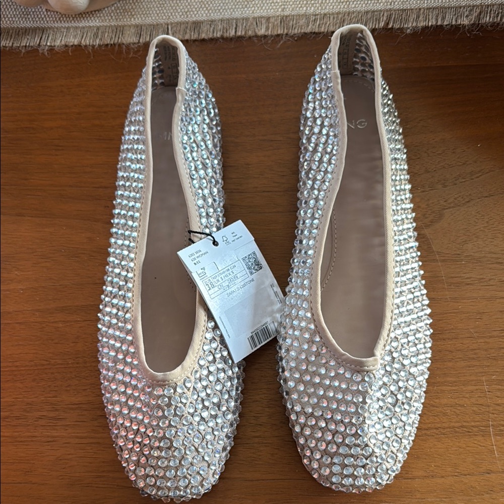 Mango Rhinestone flats, Beige/Silver, size 38, NWT